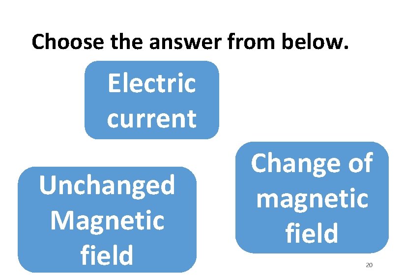 Choose the answer from below. Electric current Unchanged Magnetic field Change of magnetic field