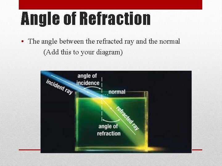 Angle of Refraction • The angle between the refracted ray and the normal (Add