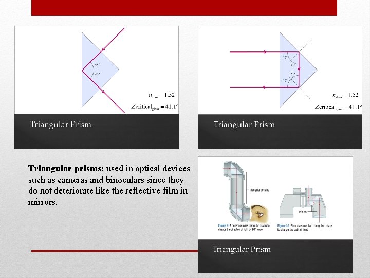 Triangular prisms: used in optical devices such as cameras and binoculars since they do