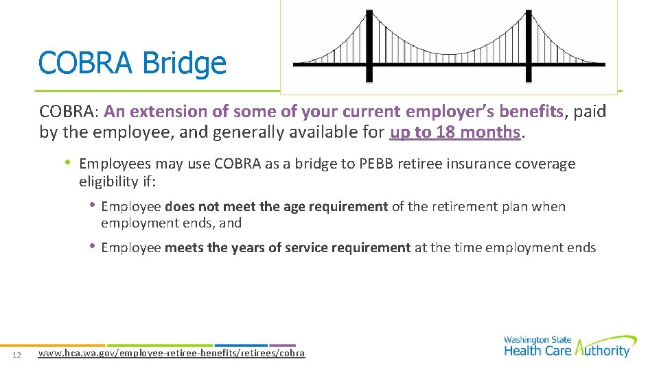 COBRA Bridge COBRA: An extension of some of your current employer’s benefits, paid by