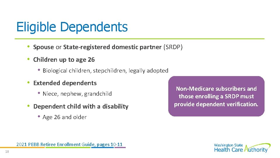 Eligible Dependents • Spouse or State-registered domestic partner (SRDP) • Children up to age