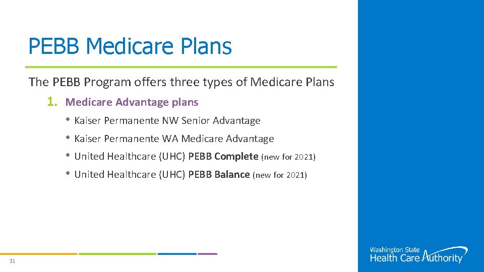 PEBB Medicare Plans The PEBB Program offers three types of Medicare Plans 1. Medicare