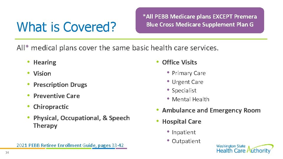 What is Covered? *All PEBB Medicare plans EXCEPT Premera Blue Cross Medicare Supplement Plan