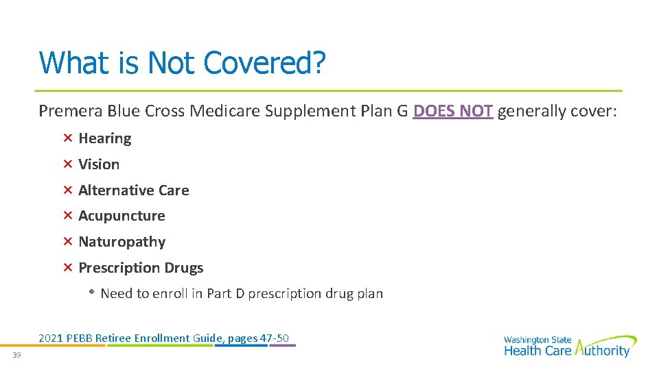 What is Not Covered? Premera Blue Cross Medicare Supplement Plan G DOES NOT generally