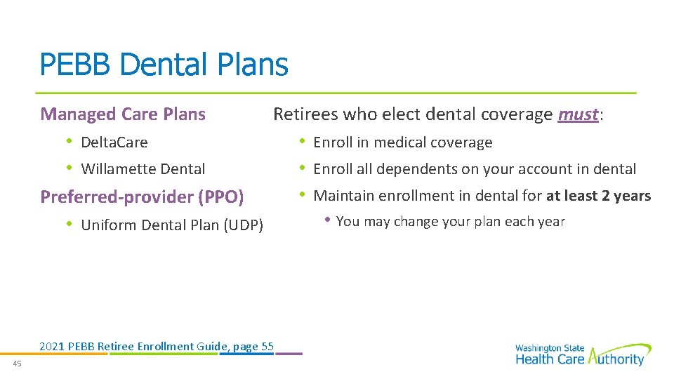 PEBB Dental Plans Managed Care Plans Retirees who elect dental coverage must: • Delta.