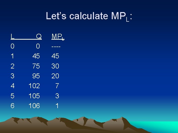 Let’s calculate MPL: L 0 1 2 3 4 5 6 Q 0 45