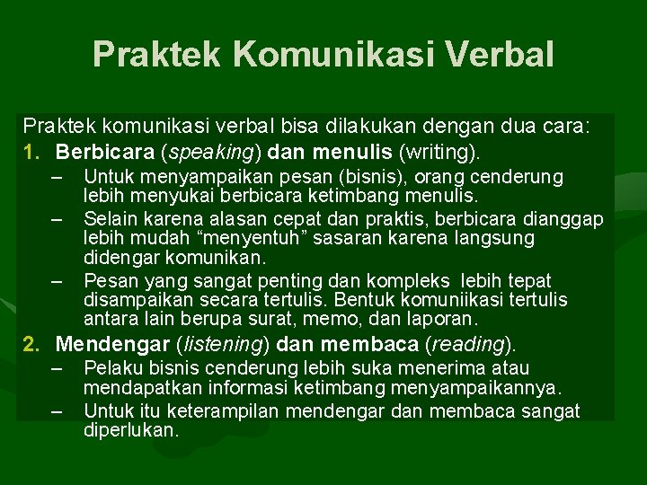 Praktek Komunikasi Verbal Praktek komunikasi verbal bisa dilakukan dengan dua cara: 1. Berbicara (speaking)