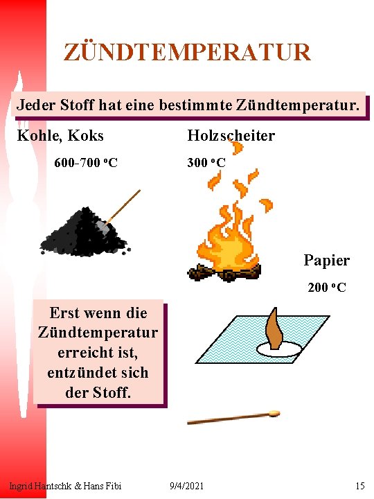 ZÜNDTEMPERATUR Jeder Stoff hat eine bestimmte Zündtemperatur. Kohle, Koks 600 -700 o. C Holzscheiter