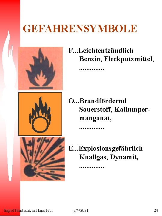 GEFAHRENSYMBOLE F. . . Leichtentzündlich Benzin, Fleckputzmittel, . . . O. . . Brandfördernd