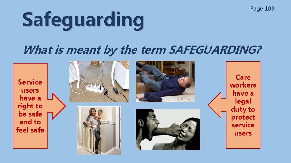 Safeguarding Page 103 What is meant by the term SAFEGUARDING? Service users have a