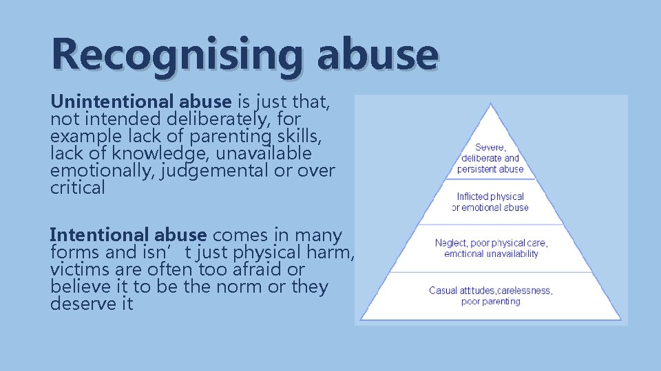 Recognising abuse Unintentional abuse is just that, not intended deliberately, for example lack of