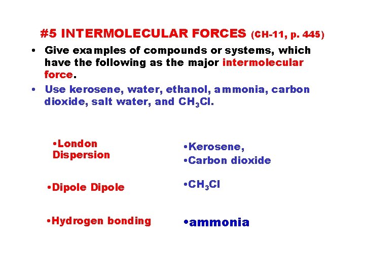 #5 INTERMOLECULAR FORCES (CH-11, p. 445) • Give examples of compounds or systems, which