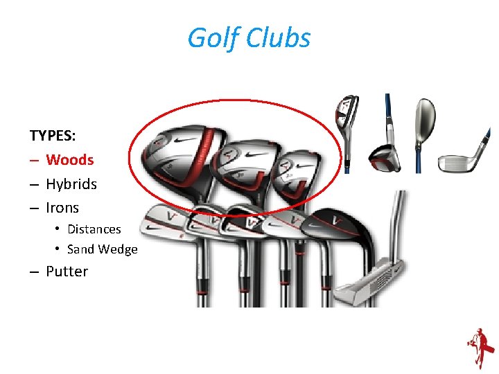Golf Clubs TYPES: – Woods – Hybrids – Irons • Distances • Sand Wedge
