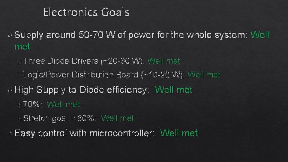 Electronics Goals Supply around 50 -70 W of power for the whole system: Well