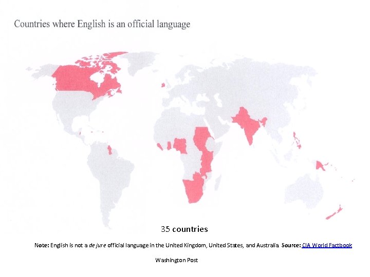 35 countries Note: English is not a de jure official language in the United