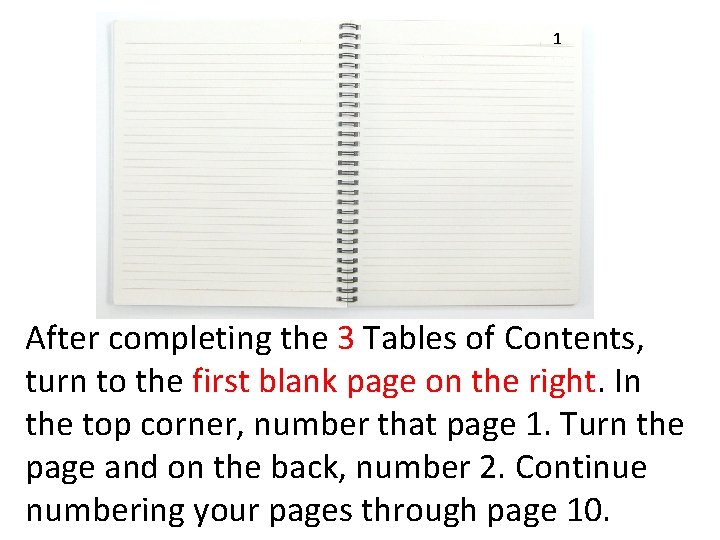 1 After completing the 3 Tables of Contents, turn to the first blank page