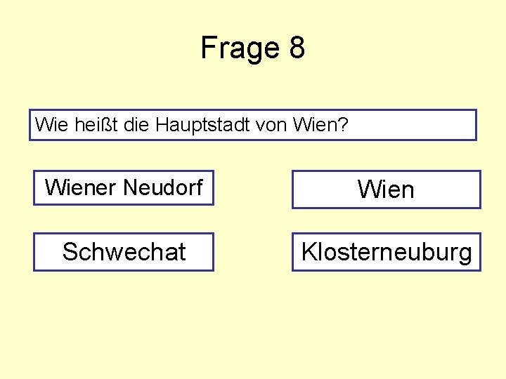Frage 8 Wie heißt die Hauptstadt von Wien? Wiener Neudorf Wien Schwechat Klosterneuburg 