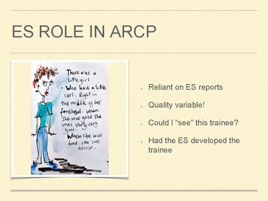 ES ROLE IN ARCP Reliant on ES reports Quality variable! Could I “see” this
