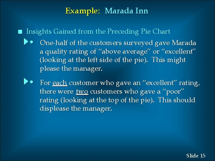 Example: Marada Inn n Insights Gained from the Preceding Pie Chart • One-half of