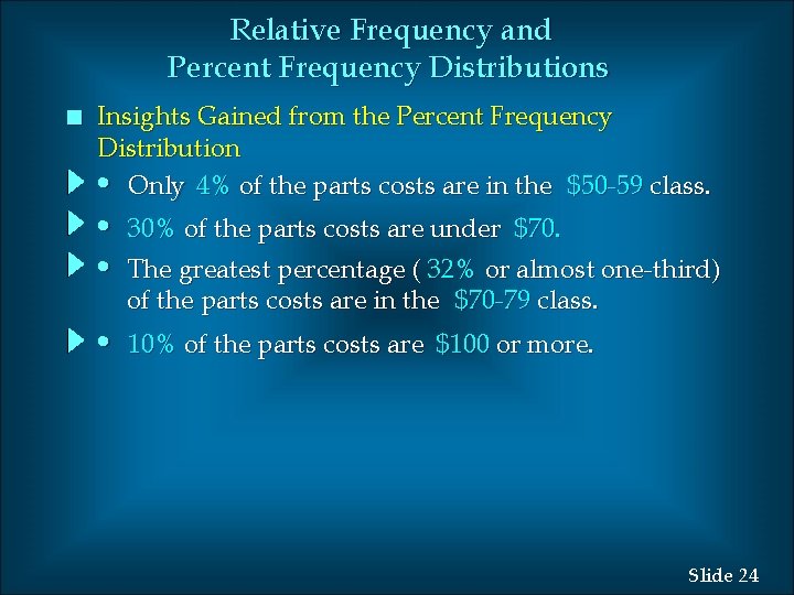 Relative Frequency and Percent Frequency Distributions n Insights Gained from the Percent Frequency Distribution