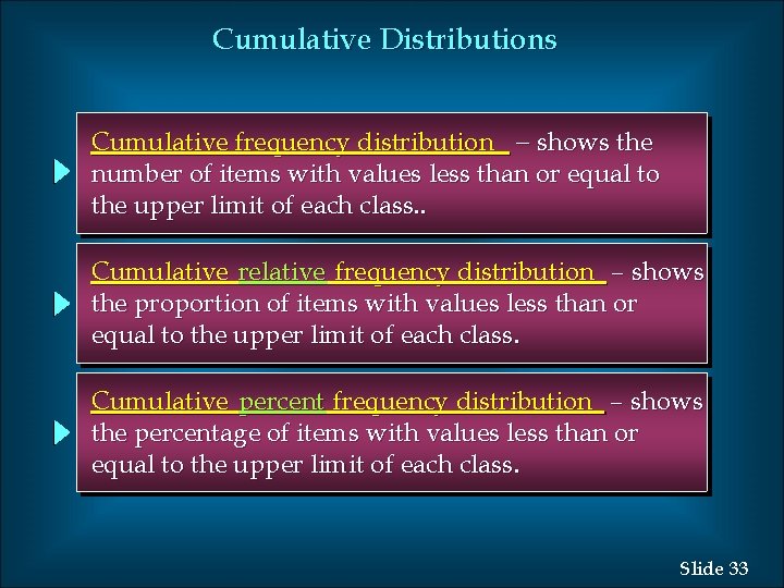 Cumulative Distributions Cumulative frequency distribution - shows the number of items with values less