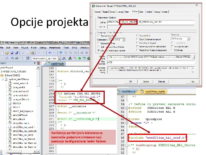 Opcije projekta Korišćenje periferijskih biblioteka se kontroliše globalnim simbolom koji povezuje konfiguracione heder fajlove.