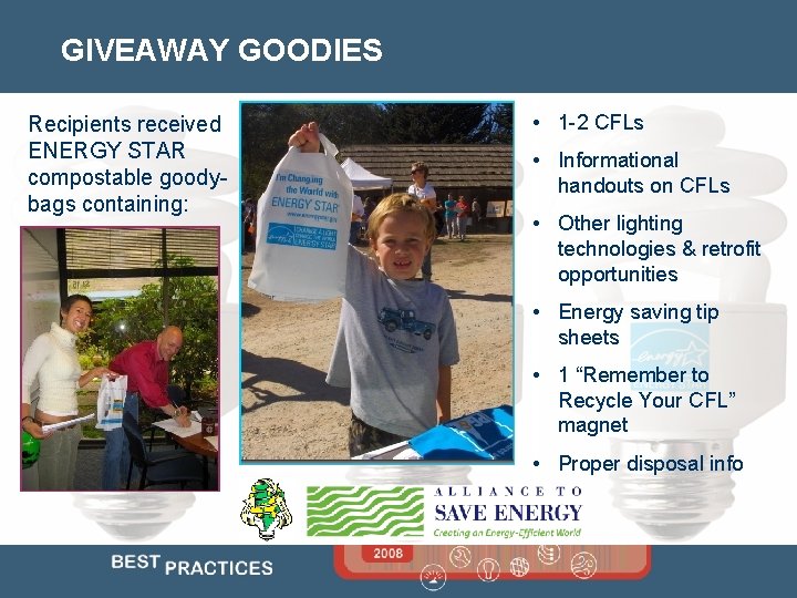 GIVEAWAY GOODIES Recipients received ENERGY STAR compostable goodybags containing: • 1 -2 CFLs •