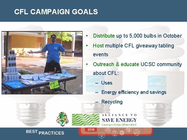 CFL CAMPAIGN GOALS • Distribute up to 5, 000 bulbs in October • Host