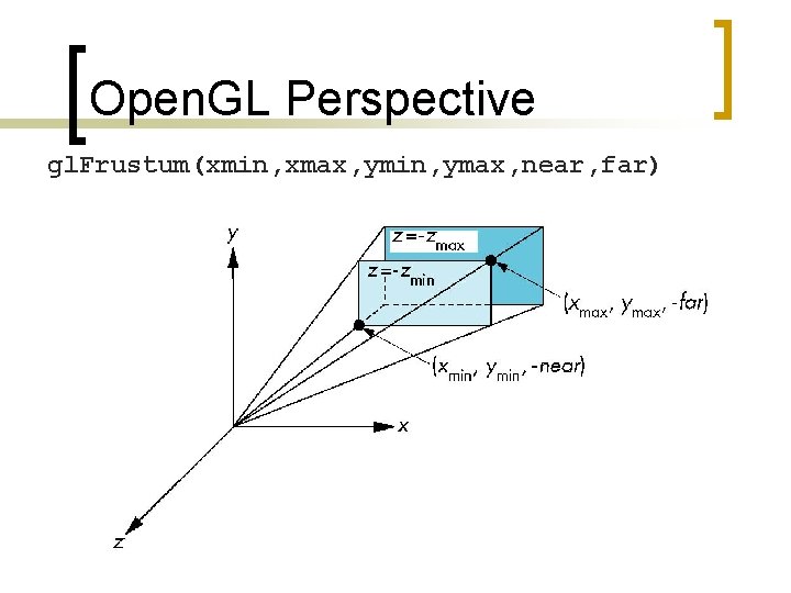 Open. GL Perspective gl. Frustum(xmin, xmax, ymin, ymax, near, far) 