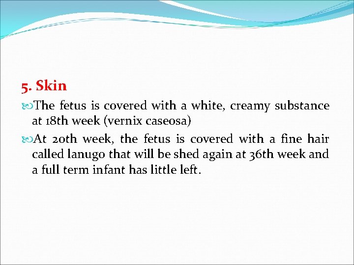 5. Skin The fetus is covered with a white, creamy substance at 18 th