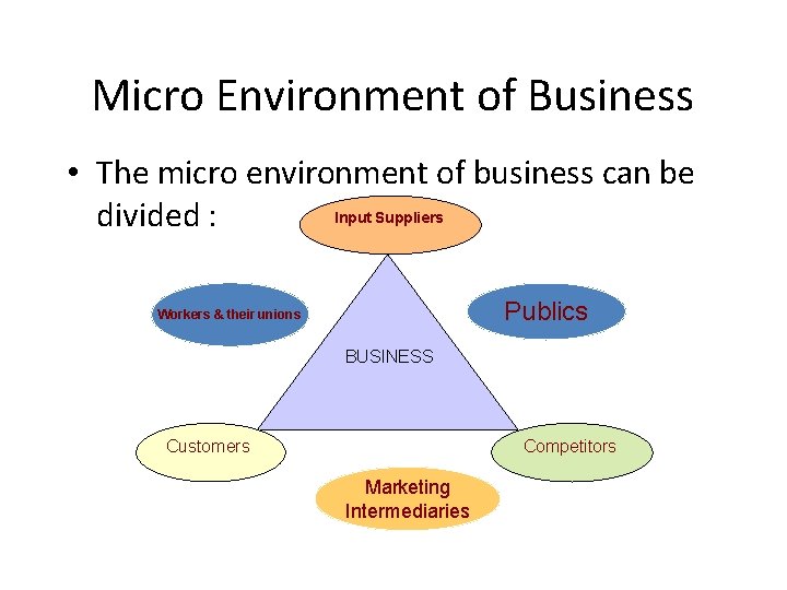 Micro Environment of Business • The micro environment of business can be Input Suppliers