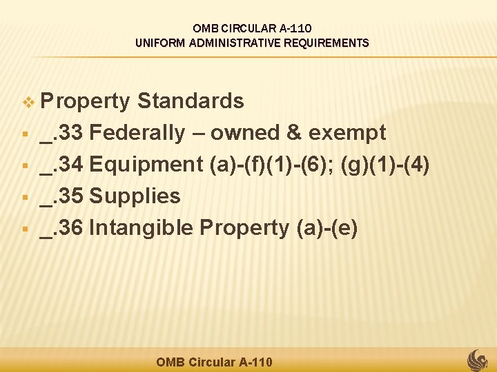 OMB CIRCULAR A-110 UNIFORM ADMINISTRATIVE REQUIREMENTS v Property § § Standards _. 33 Federally