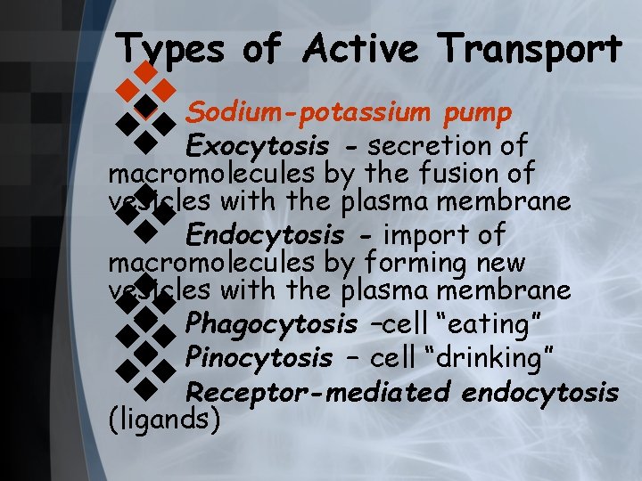 Types of Active Transport v v v Sodium-potassium pump Exocytosis - secretion of macromolecules