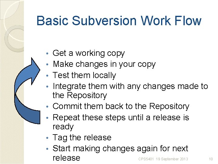 Basic Subversion Work Flow • • Get a working copy Make changes in your