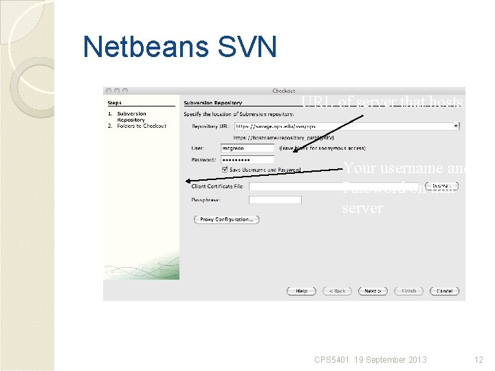 Netbeans SVN URL of server that hosts svn Your username and Password on that