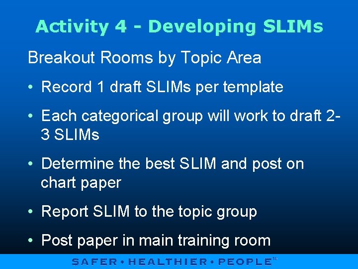 Activity 4 - Developing SLIMs Breakout Rooms by Topic Area • Record 1 draft