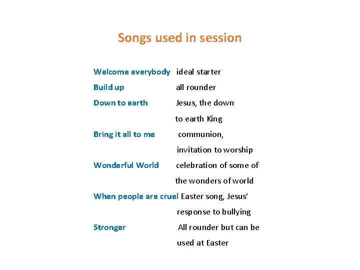 Songs used in session Welcome everybody ideal starter Build up all rounder Down to