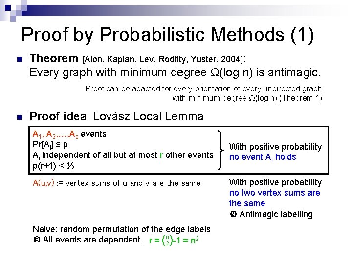 Proof by Probabilistic Methods (1) n Theorem [Alon, Kaplan, Lev, Roditty, Yuster, 2004]: Every