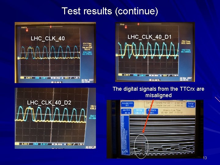 Test results (continue) LHC_CLK_40_D 1 The digital signals from the TTCrx are misaligned LHC_CLK_40_D Test results (continue) LHC_CLK_40_D 1 The digital signals from the TTCrx are misaligned LHC_CLK_40_D