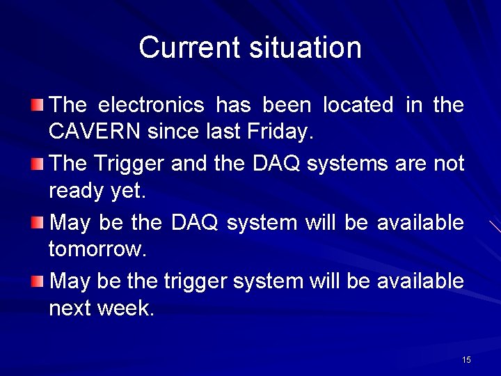 Current situation The electronics has been located in the CAVERN since last Friday. The Current situation The electronics has been located in the CAVERN since last Friday. The