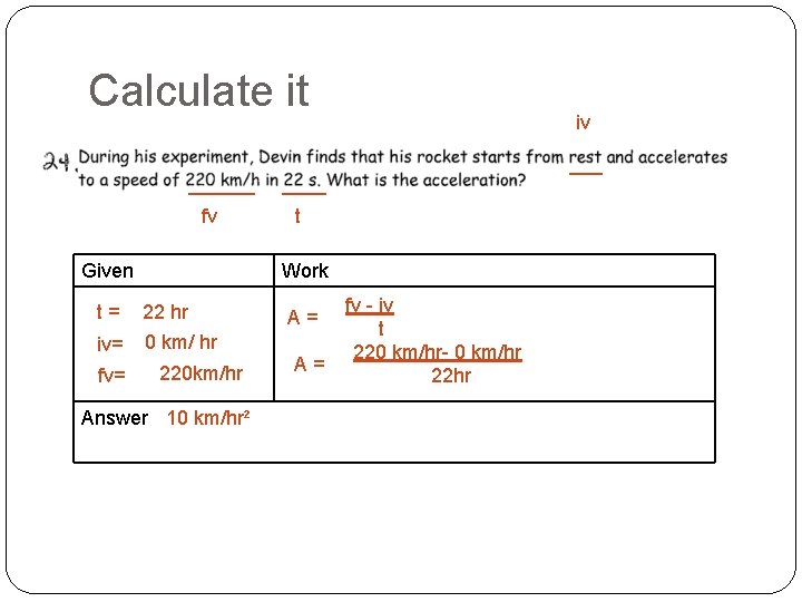 Calculate it ______ fv Given ____ t Work t= 22 hr iv= 0 km/