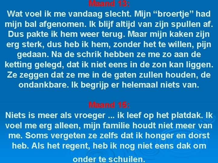 Maand 13: Wat voel ik me vandaag slecht. Mijn “broertje” had mijn bal afgenomen.