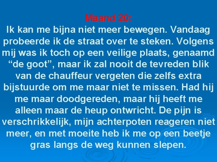 Maand 20: Ik kan me bijna niet meer bewegen. Vandaag probeerde ik de straat