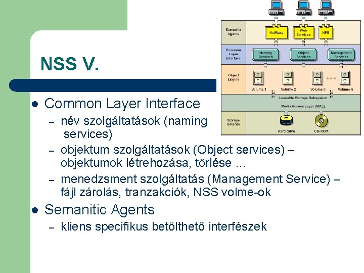 NSS V. l Common Layer Interface – – – l név szolgáltatások (naming services)