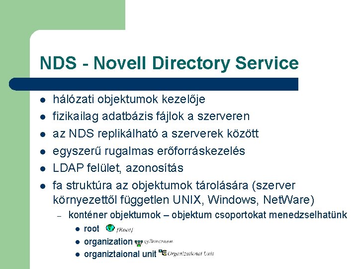 NDS - Novell Directory Service l l l hálózati objektumok kezelője fizikailag adatbázis fájlok