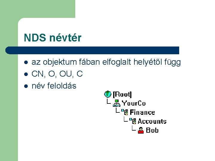 NDS névtér l l l az objektum fában elfoglalt helyétől függ CN, O, OU,