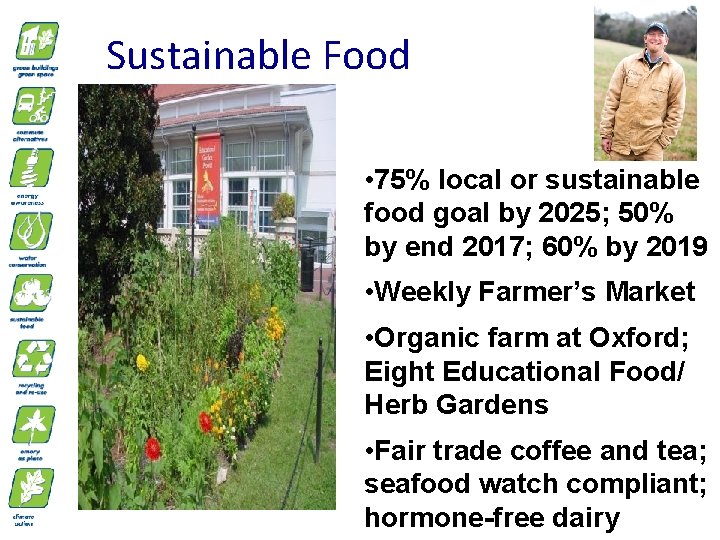 Sustainable Food • 75% local or sustainable food goal by 2025; 50% by end