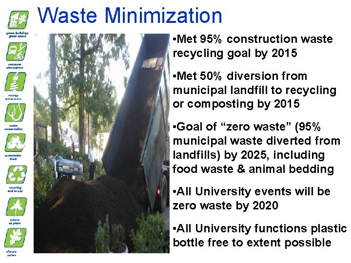 Waste Minimization • Met 95% construction waste recycling goal by 2015 • Met 50%