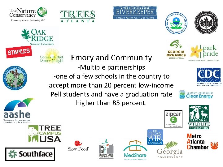 Emory and Community -Multiple partnerships -one of a few schools in the country to