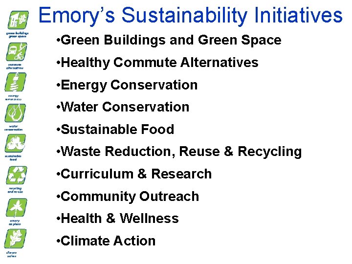 Emory’s Sustainability Initiatives • Green Buildings and Green Space • Healthy Commute Alternatives • Emory’s Sustainability Initiatives • Green Buildings and Green Space • Healthy Commute Alternatives •
